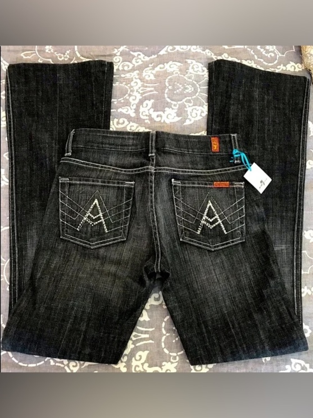 Y2K 7 For All Mankind A Pocket Swarovski Crystal Low Rise Flare Jeans Black 26